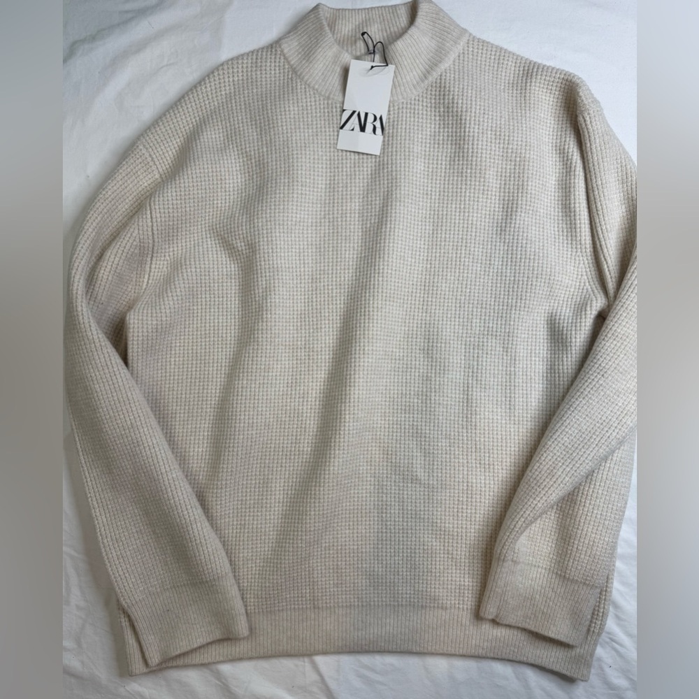 Zara Man Lana Wool Blend Sweater Size XL Beige Ivory Round Neck A040725
